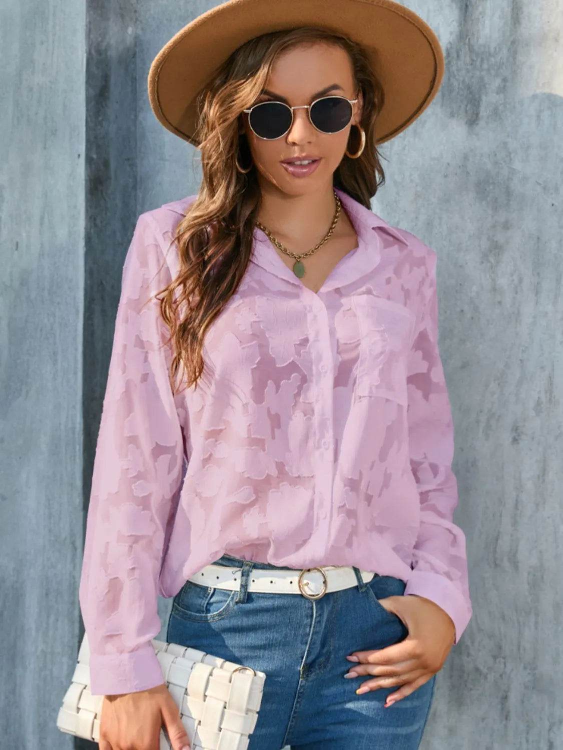 Full Size Collared Neck Long Sleeve Shirt Plus Size