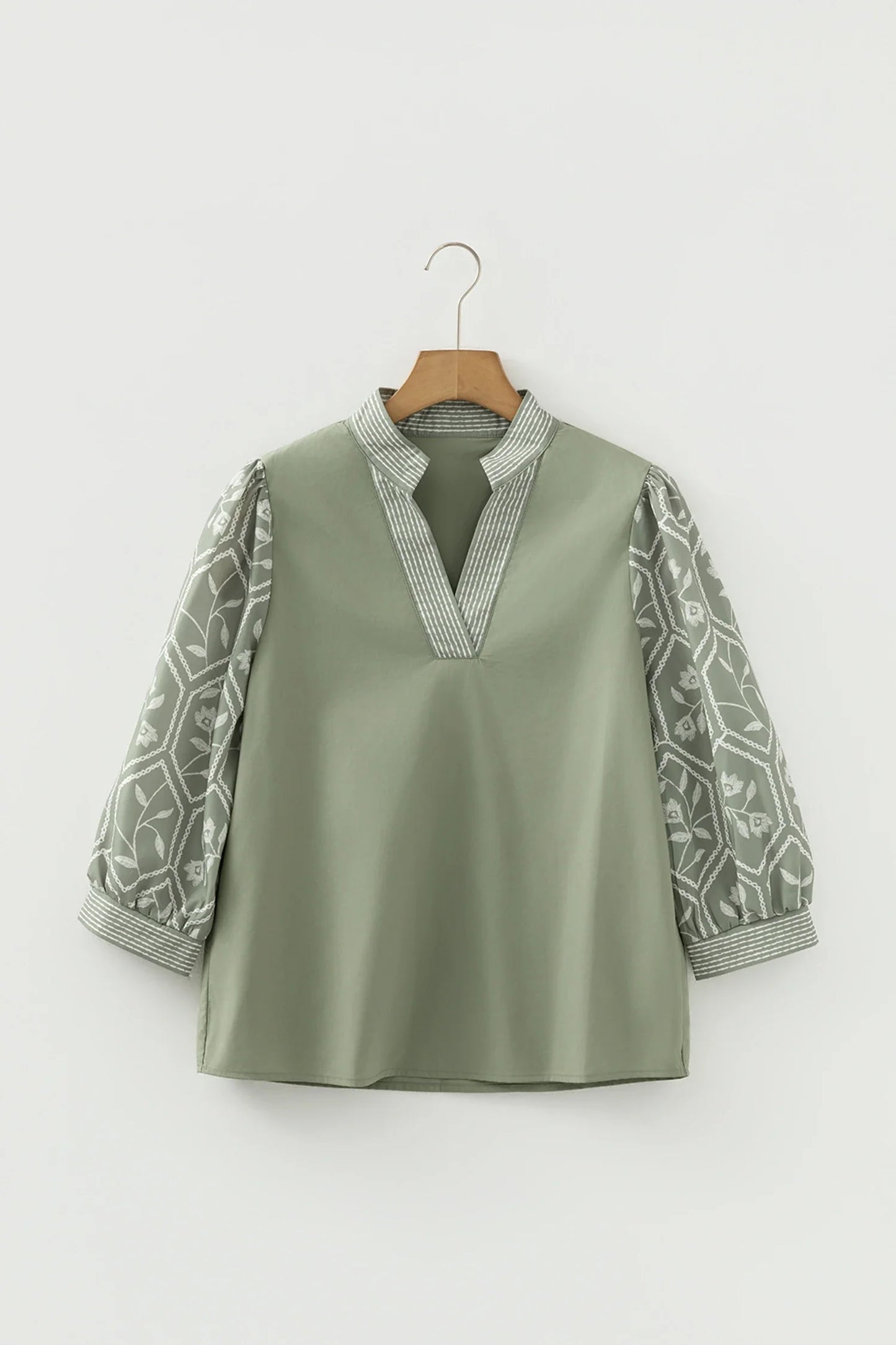 Floral Patchwork Contrast V-Neck Puff Sleeve Blouse