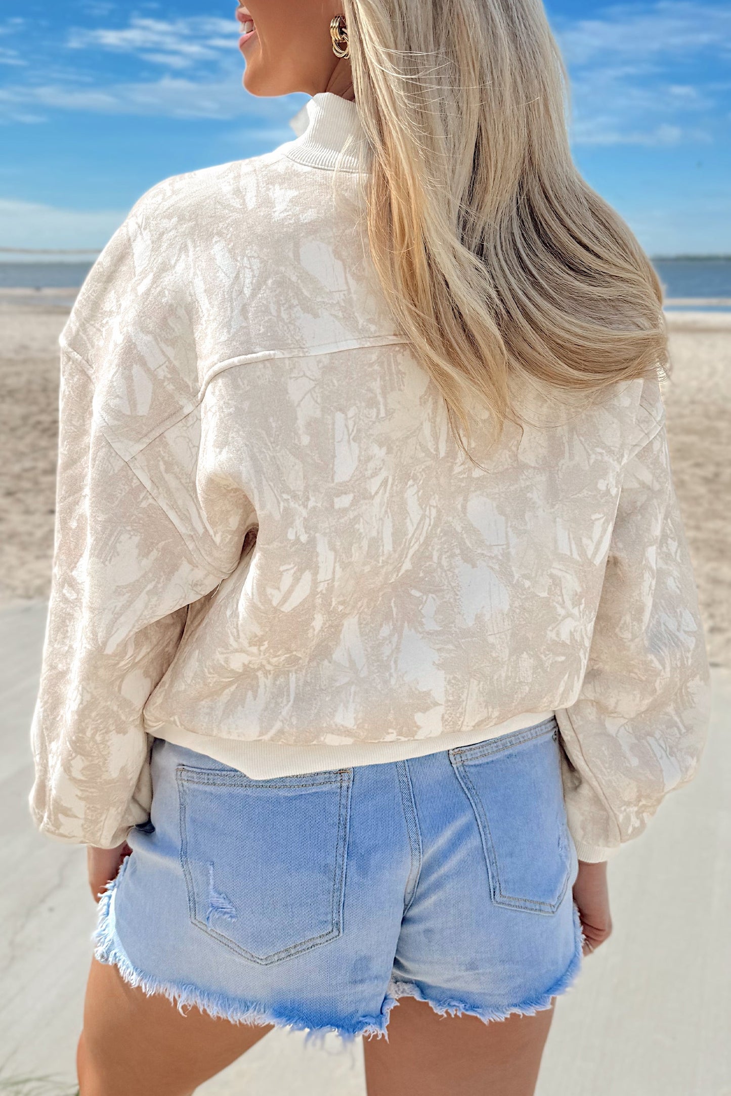 Camo Quarter-Zip Drop Shoulder Long Sleeve Sweatshirt