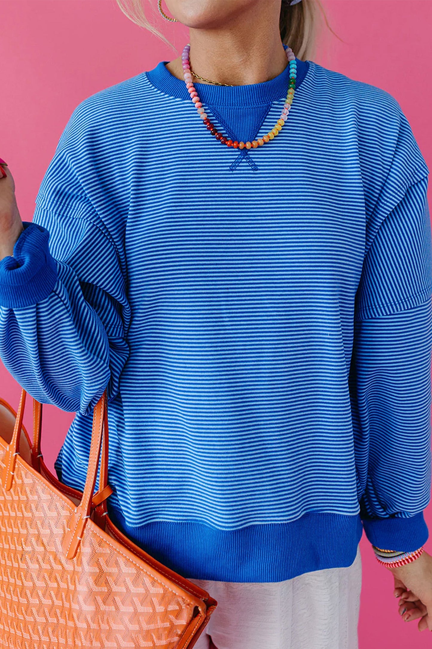 Stripe Ribbed Trim Long Sleeve Pullover Top