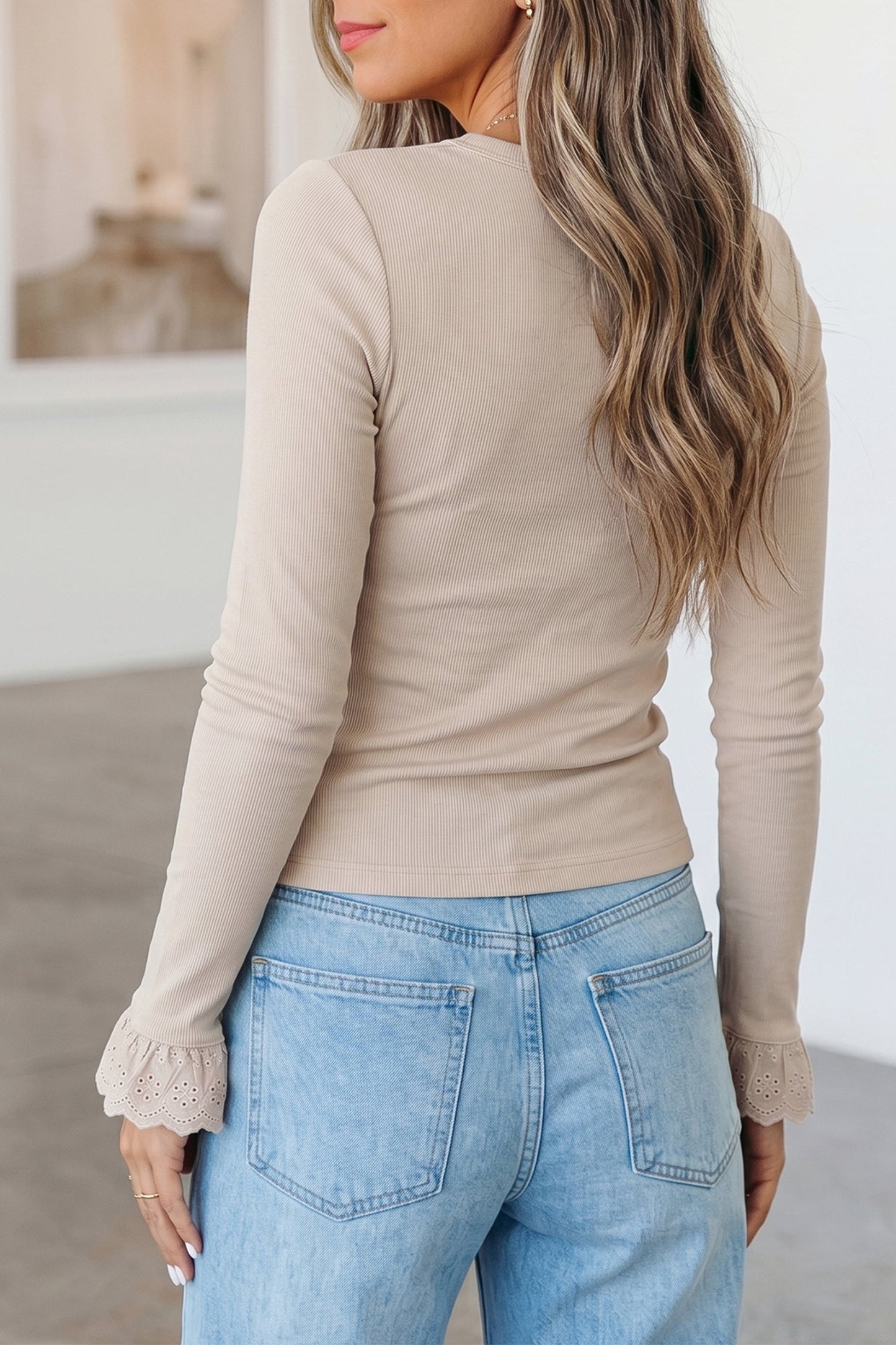 Lace Cuff Patchwork Round Neck Long Sleeve Top