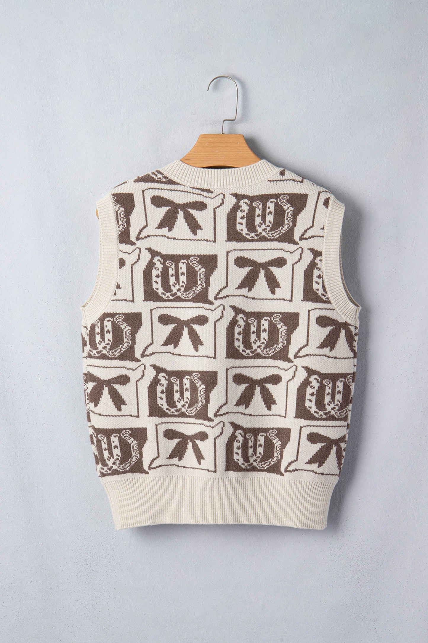 Western Horseshoes & Bows Sleeveless V-Neck Sweater Top