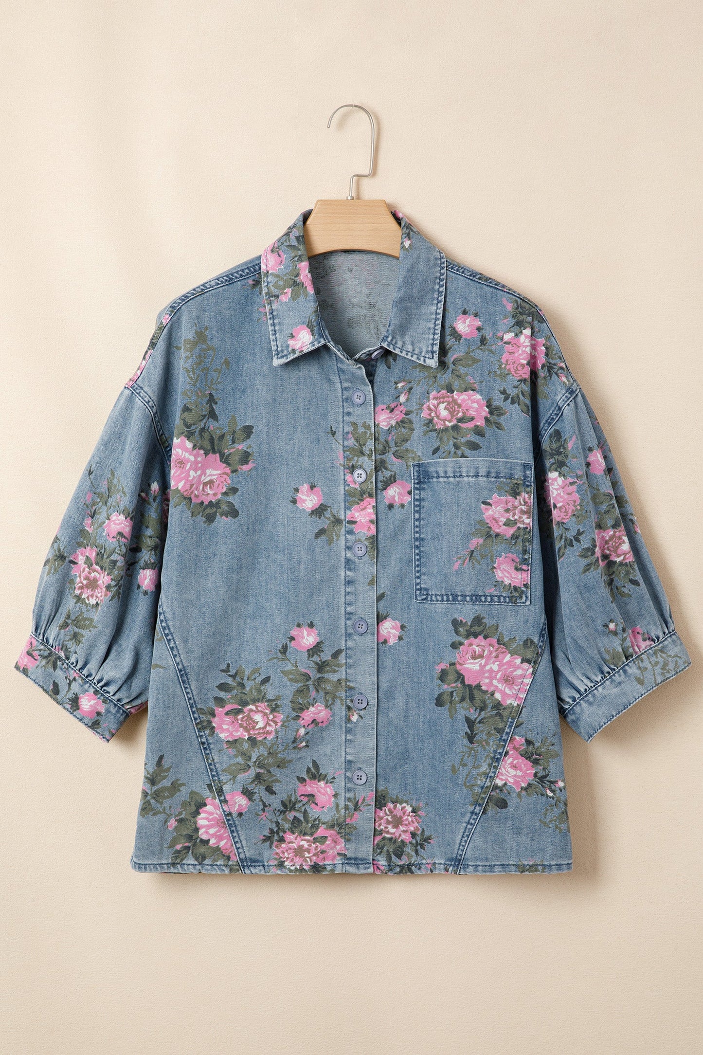 Floral Denim 3/4 Sleeve Buttoned Shirt