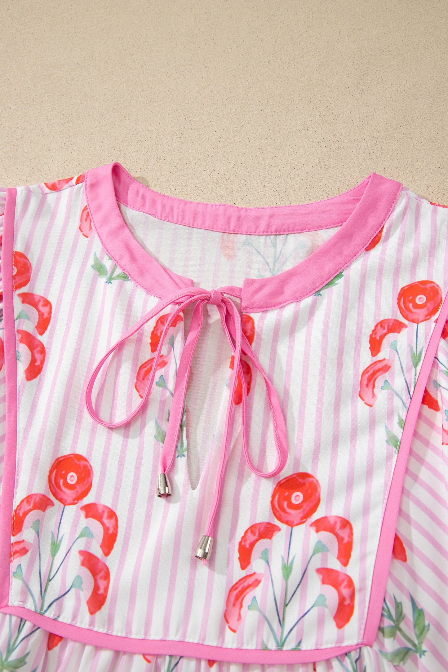 Floral Stripe Tie Neck Puff Sleeve Mini Dress