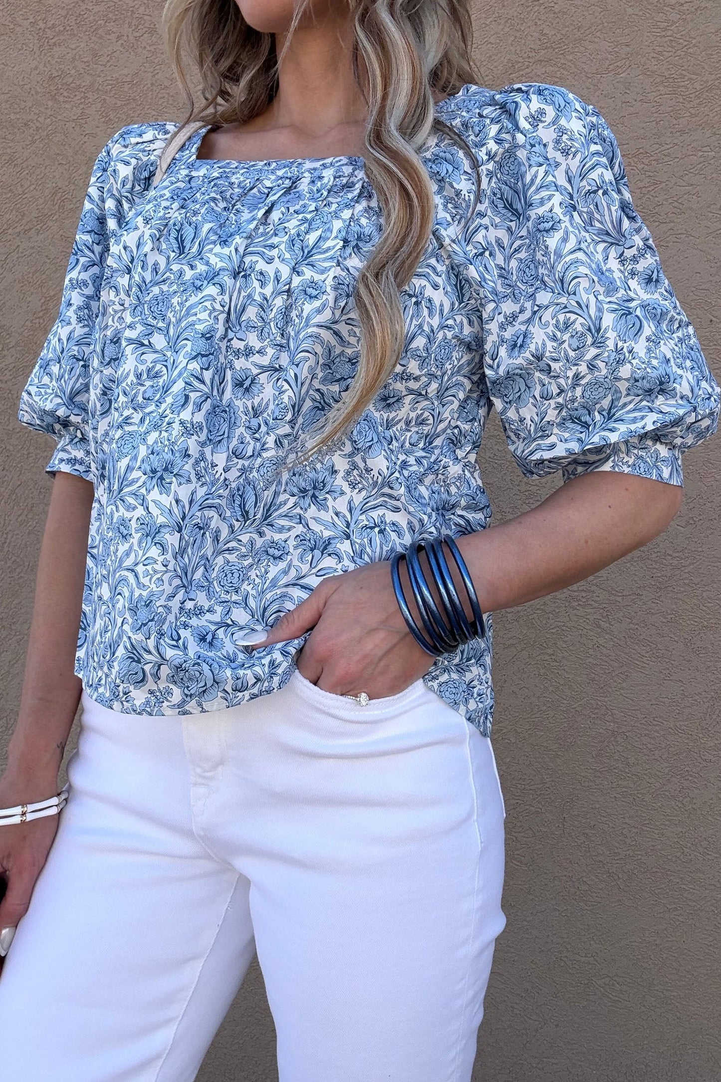 Floral Pleated Square Neck Puff Sleeve Blouse