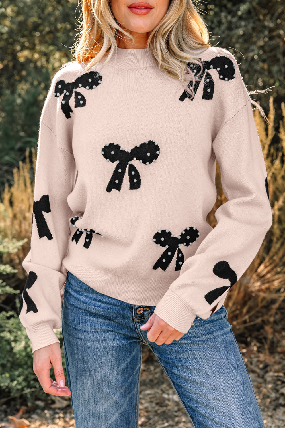Bow Pearl Embellished Drop Shoulder Sweater