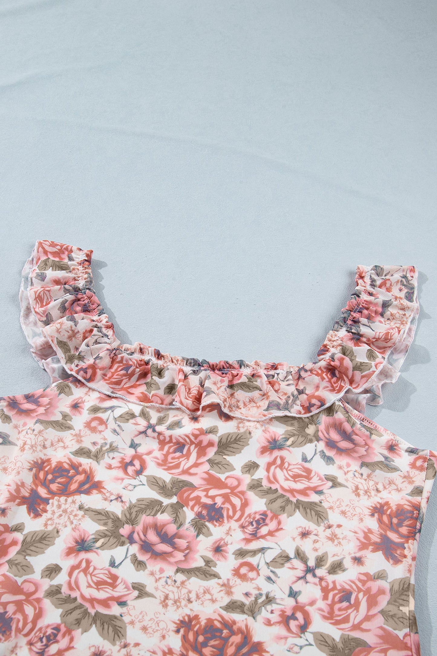 Floral Mesh Ruffle Square Neck Tank Top