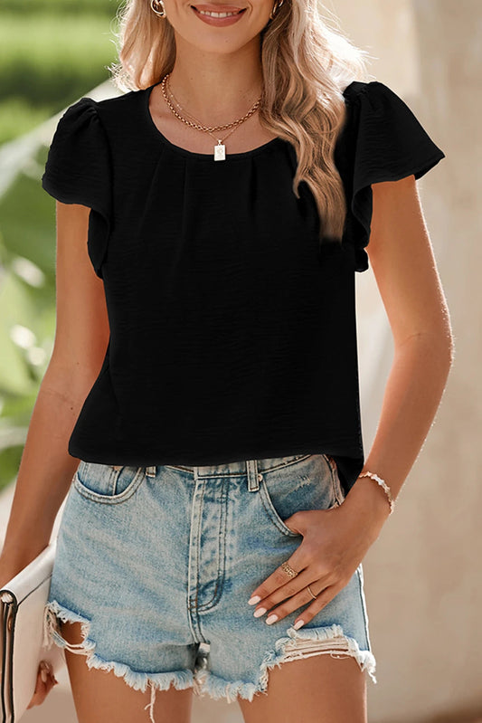 Pleated Flounce Sleeve Textured Blouse