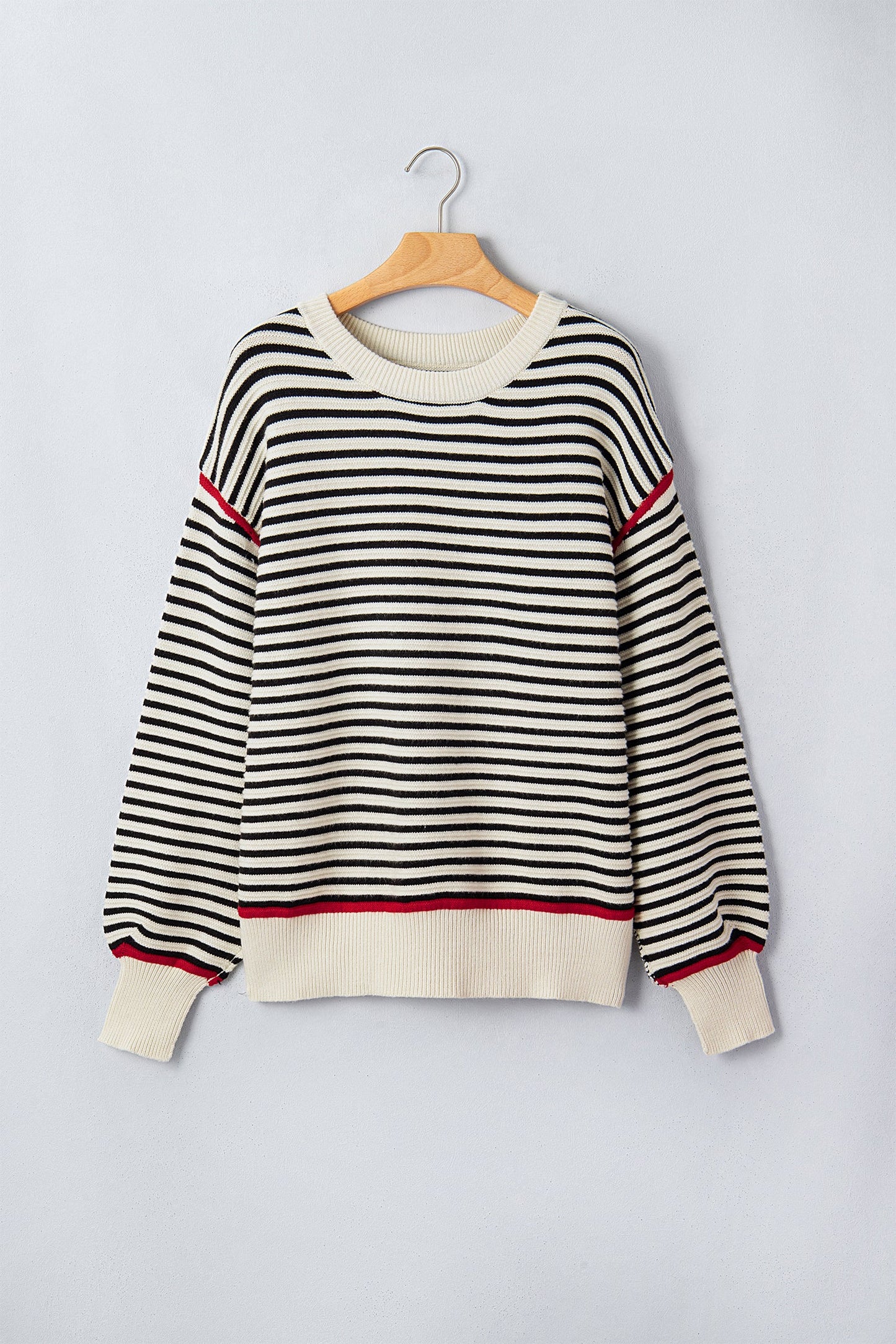 Stripe Ribbed Trim Reverse Seam Drop Shoulder Sweater