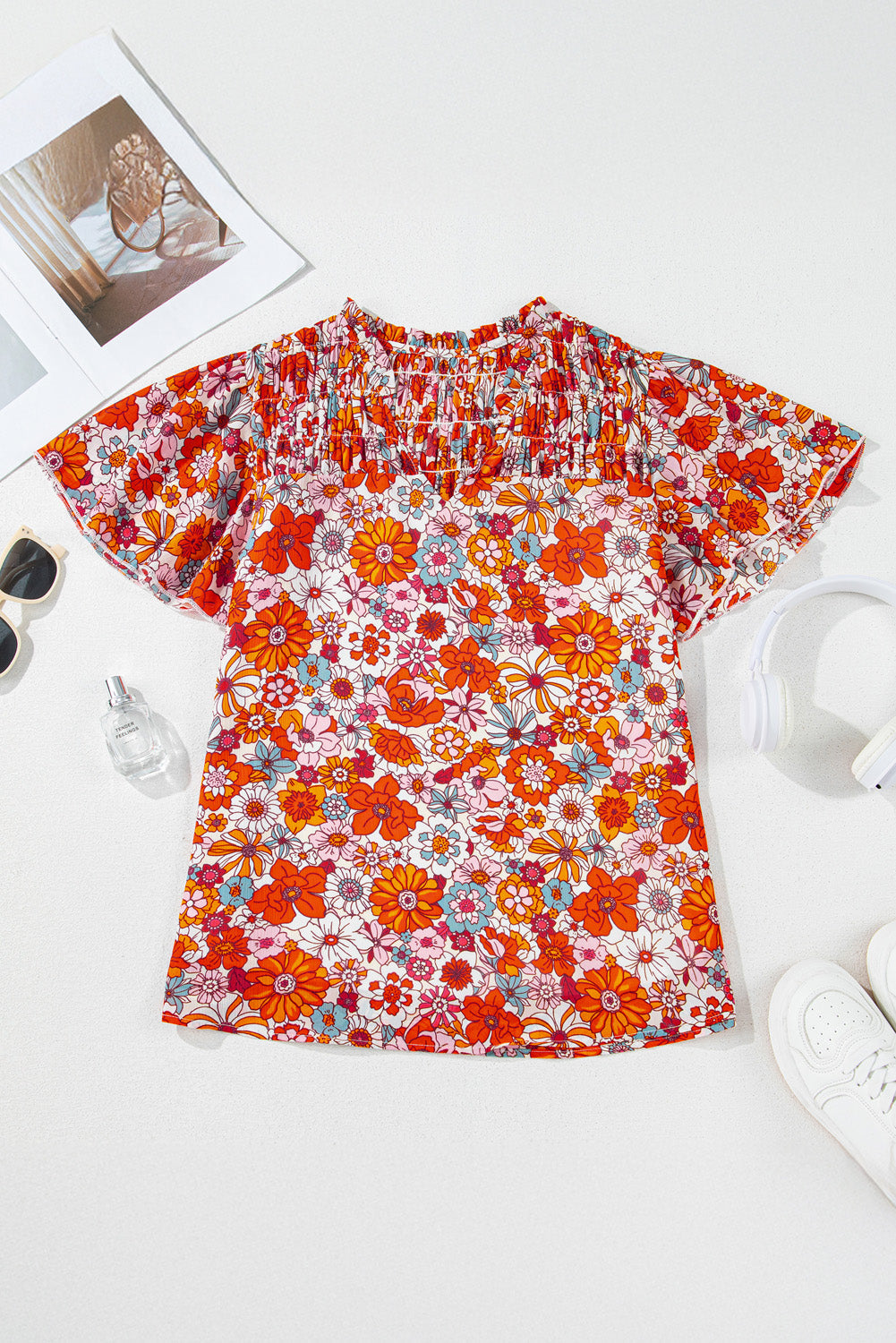 Floral V-Neck Pleated Ruffle Short Sleeve Blouse