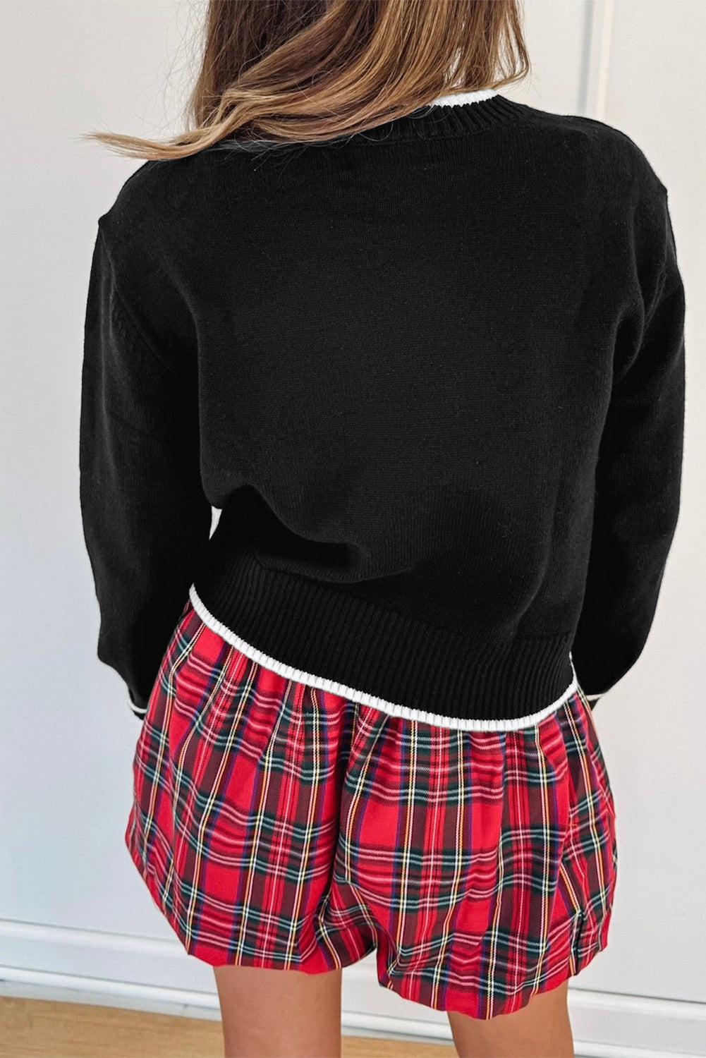 Bow Contrast Trim Long Sleeve Cropped Christmas Sweater