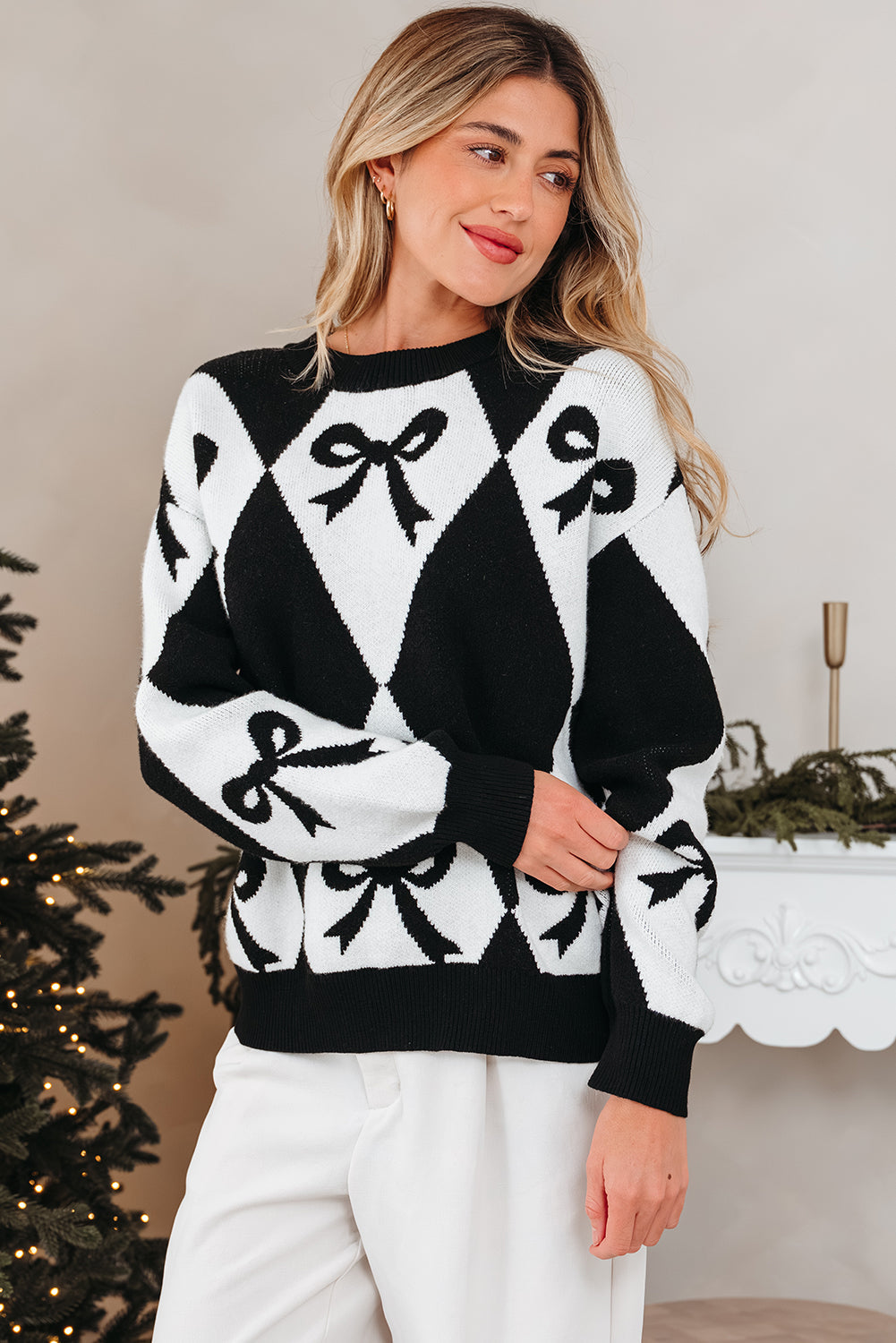 Bow Colorblock Rhombus Drop Shoulder Sweater