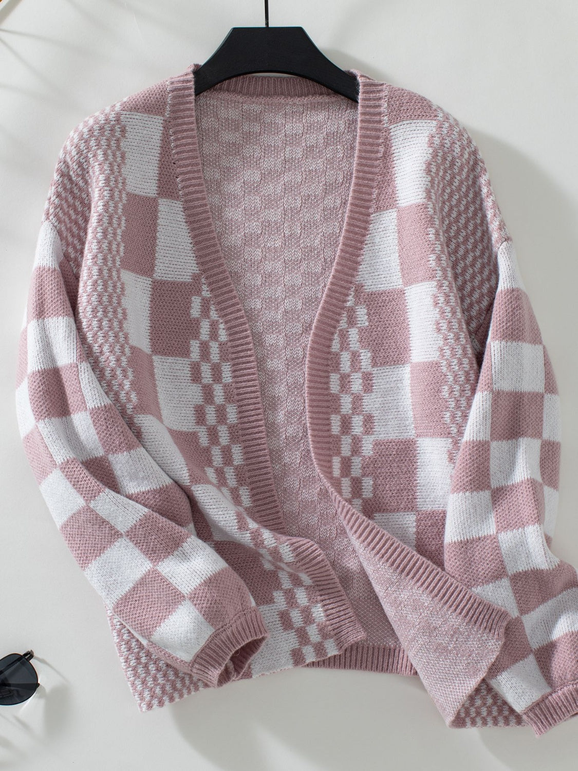 Women Double Take Checkered Open Front Dropped Shoulder Cardigan