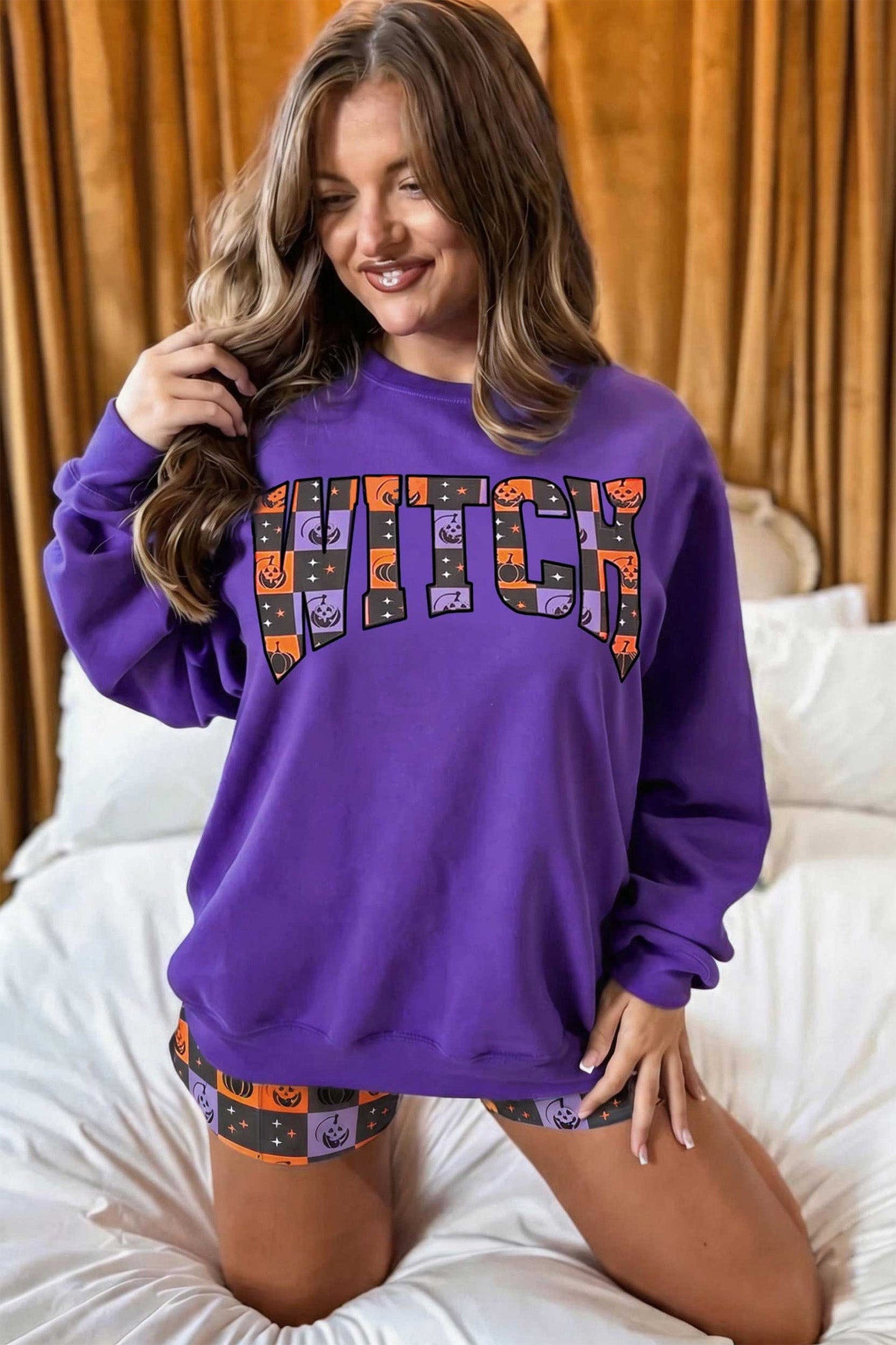 Halloween Witch Long Sleeve Top & Checker Shorts Set