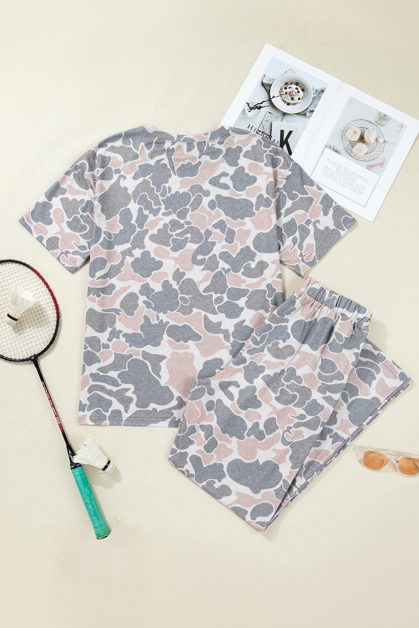 Camo Short Sleeve Top & Wide Leg Pants Set