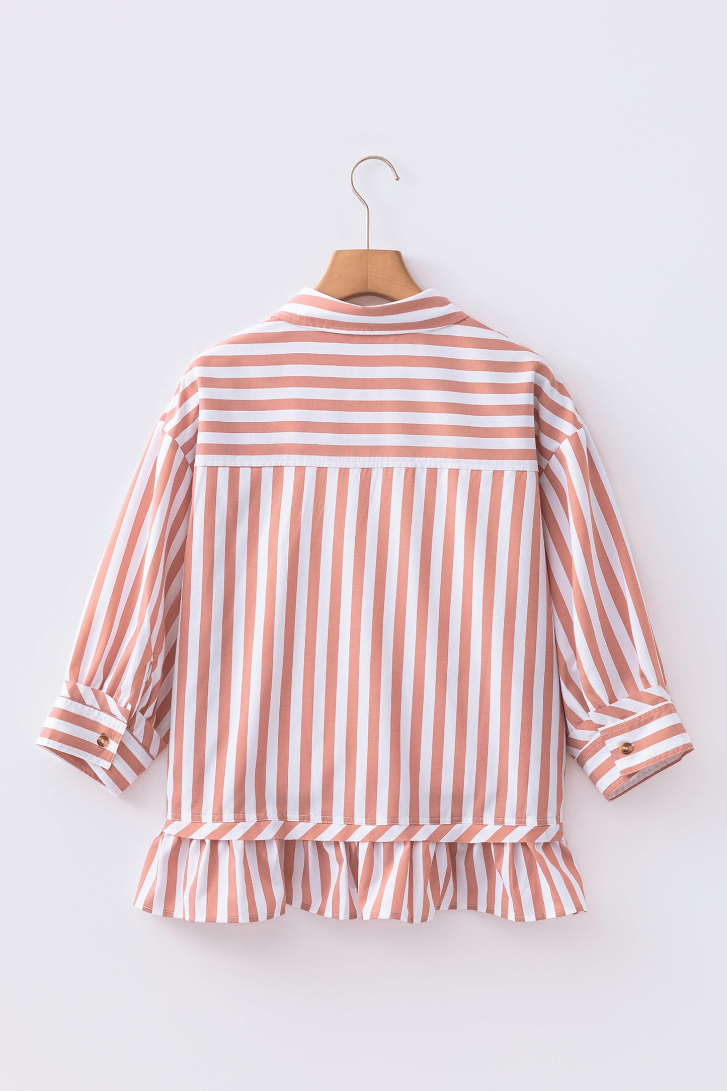 Stripe Ruffle Hem 3/4 Sleeve Buttoned Shirt