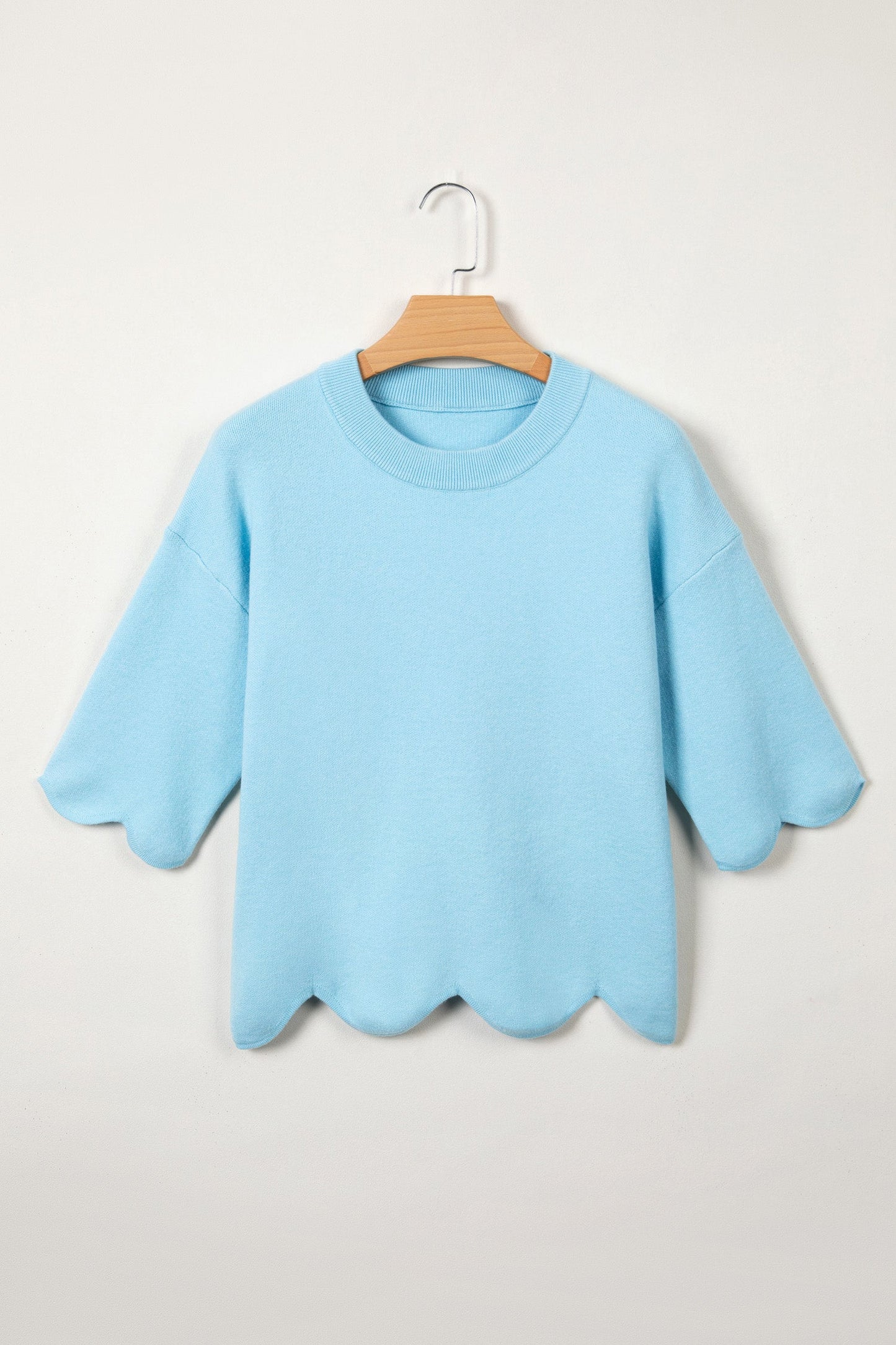 Solid Scalloped Hem 3/4 Sleeve Sweater Top