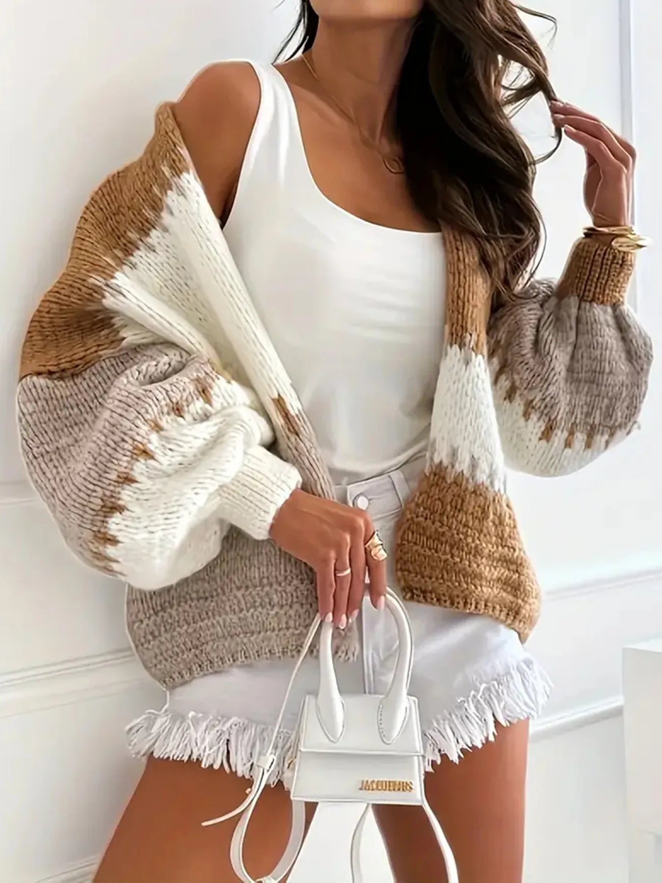 Women Color Block Drop Shoulder Cardigan