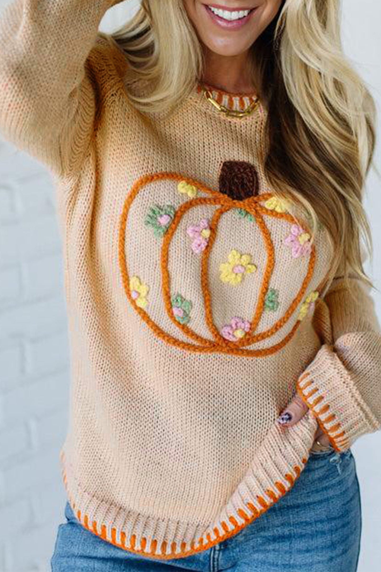 Pumpkin Floral Embroidered Round Neck Sweater