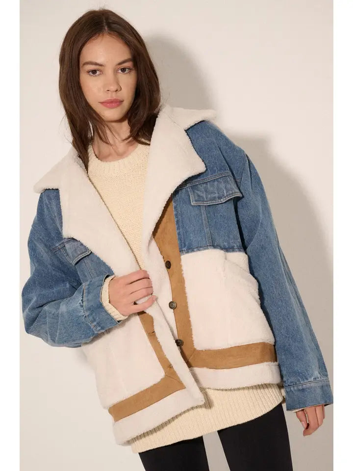 FINAL SALE-Color Block Denim Suede Fuzzy Jacket