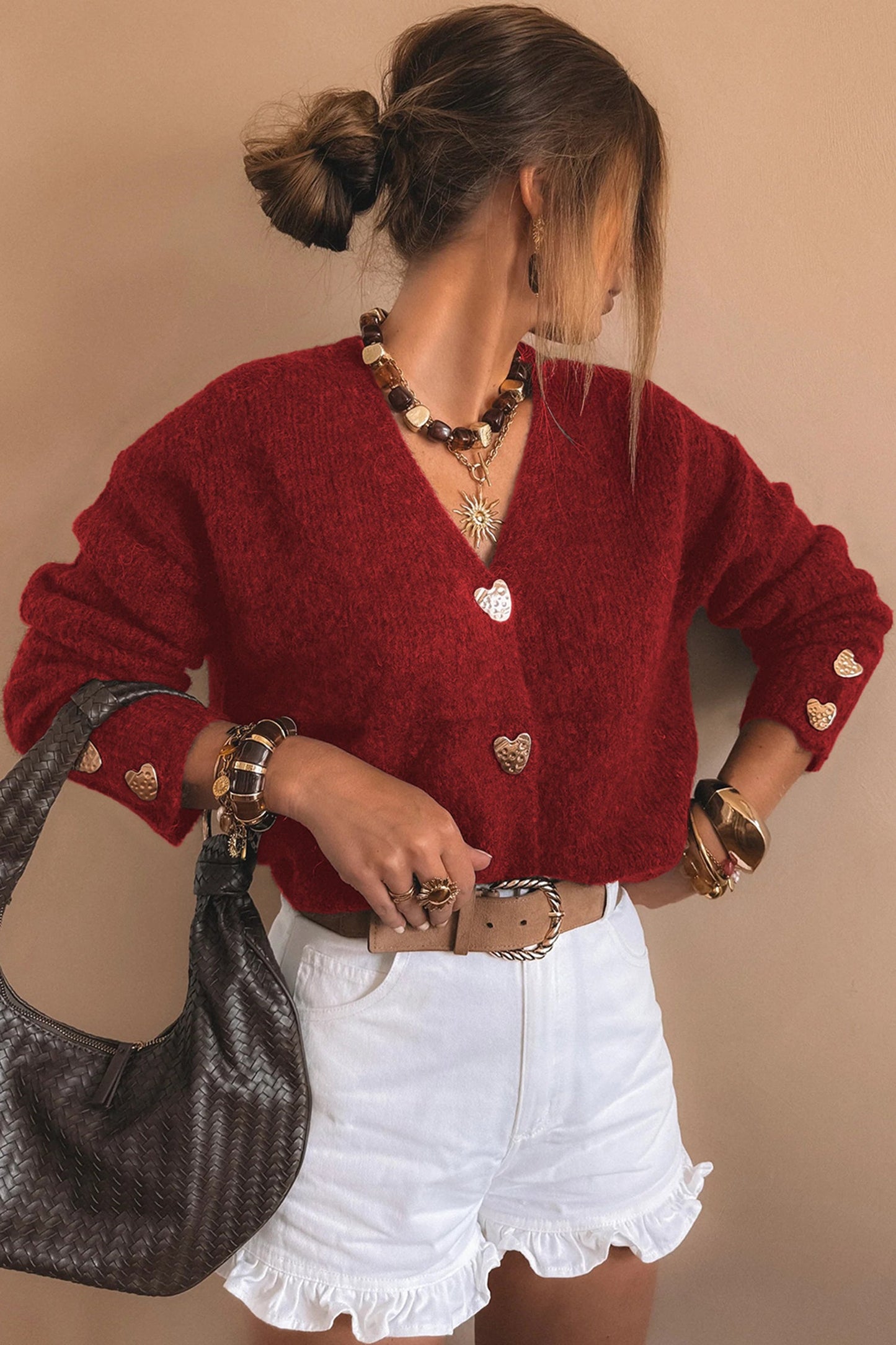 Heart Metal Button V-Neck Knit Cardigan