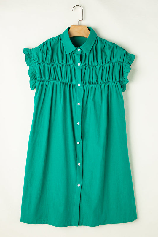 Solid Shirred Ruffle Sleeve Buttoned Mini Dress