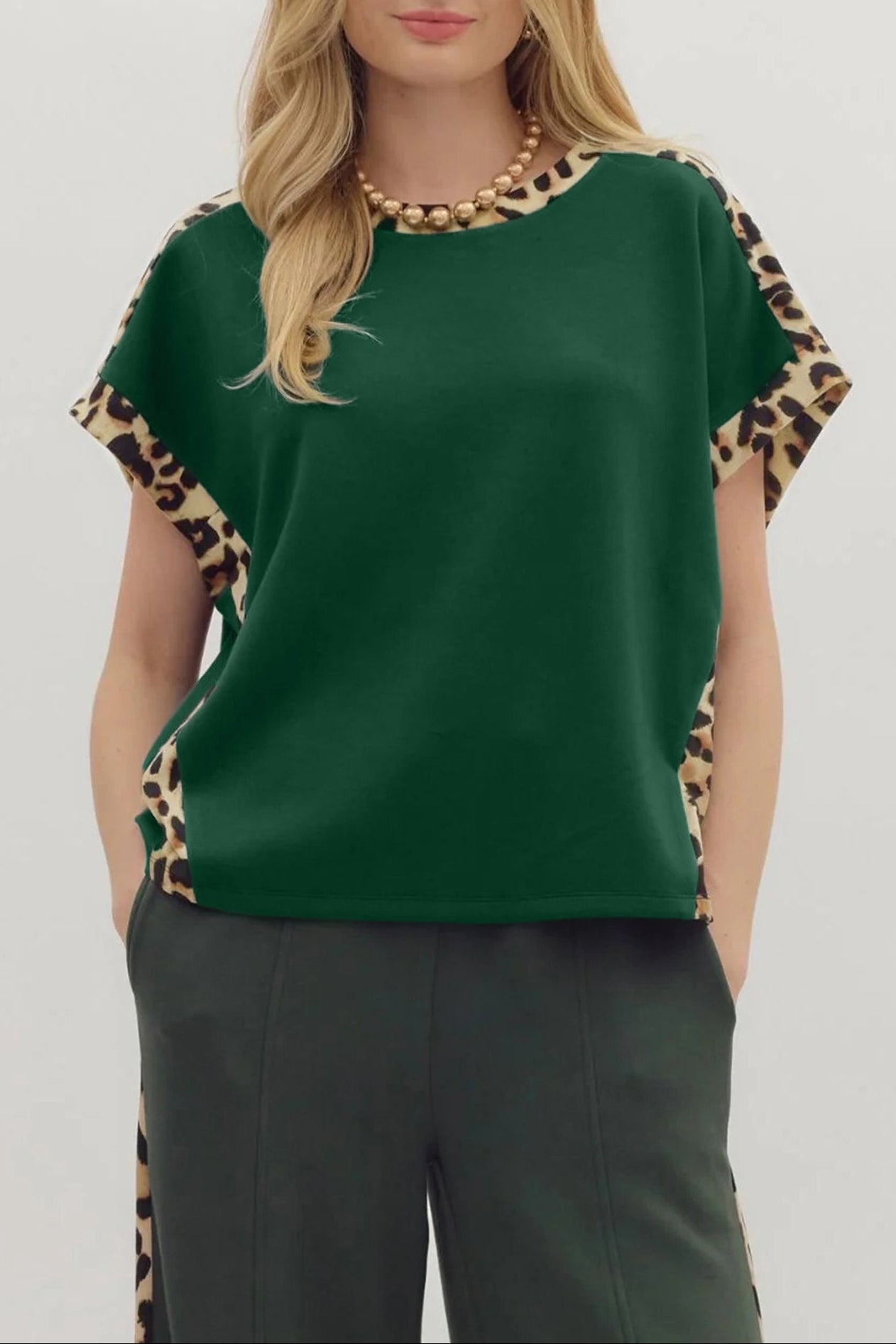 Leopard Colorblock Round Neck Short Sleeve T-Shirt