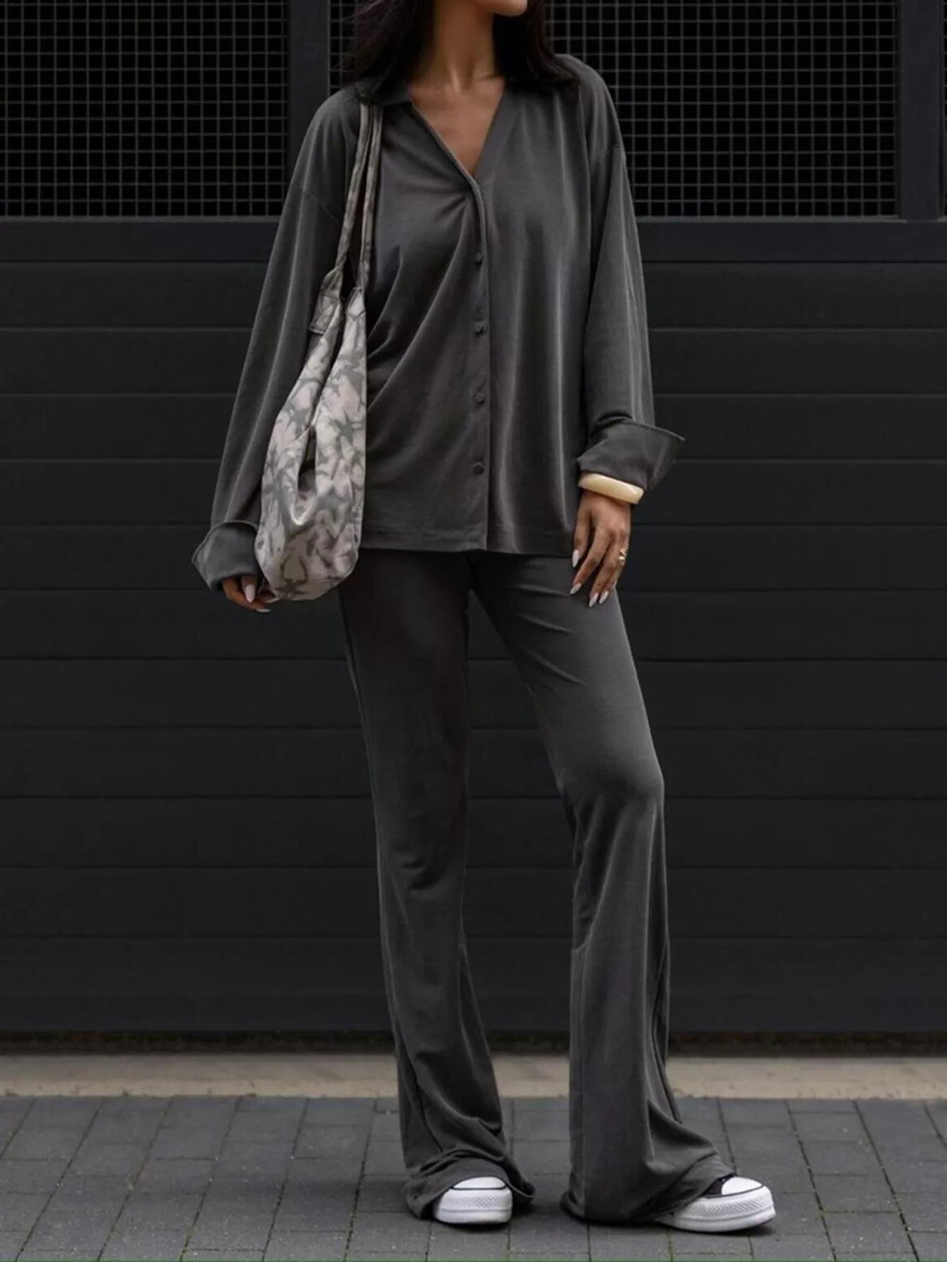 Relaxed Fit Button-Down Top and Pants Set