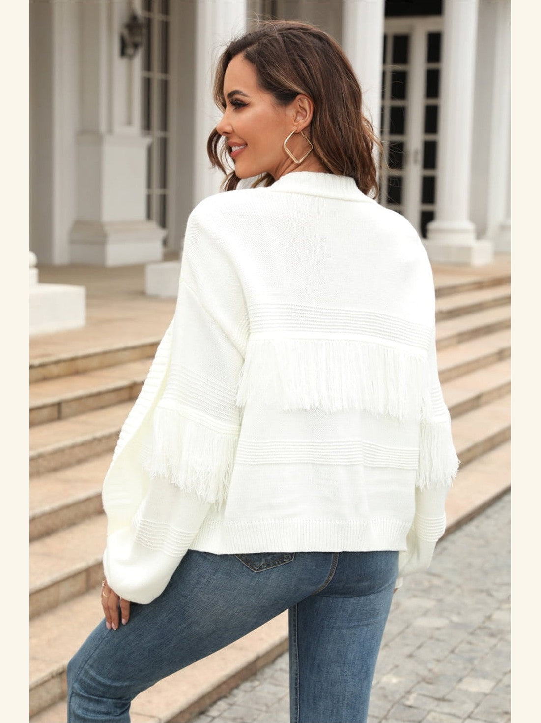 Women Double Take Fringe Trim Open Front Cardigan Sweater