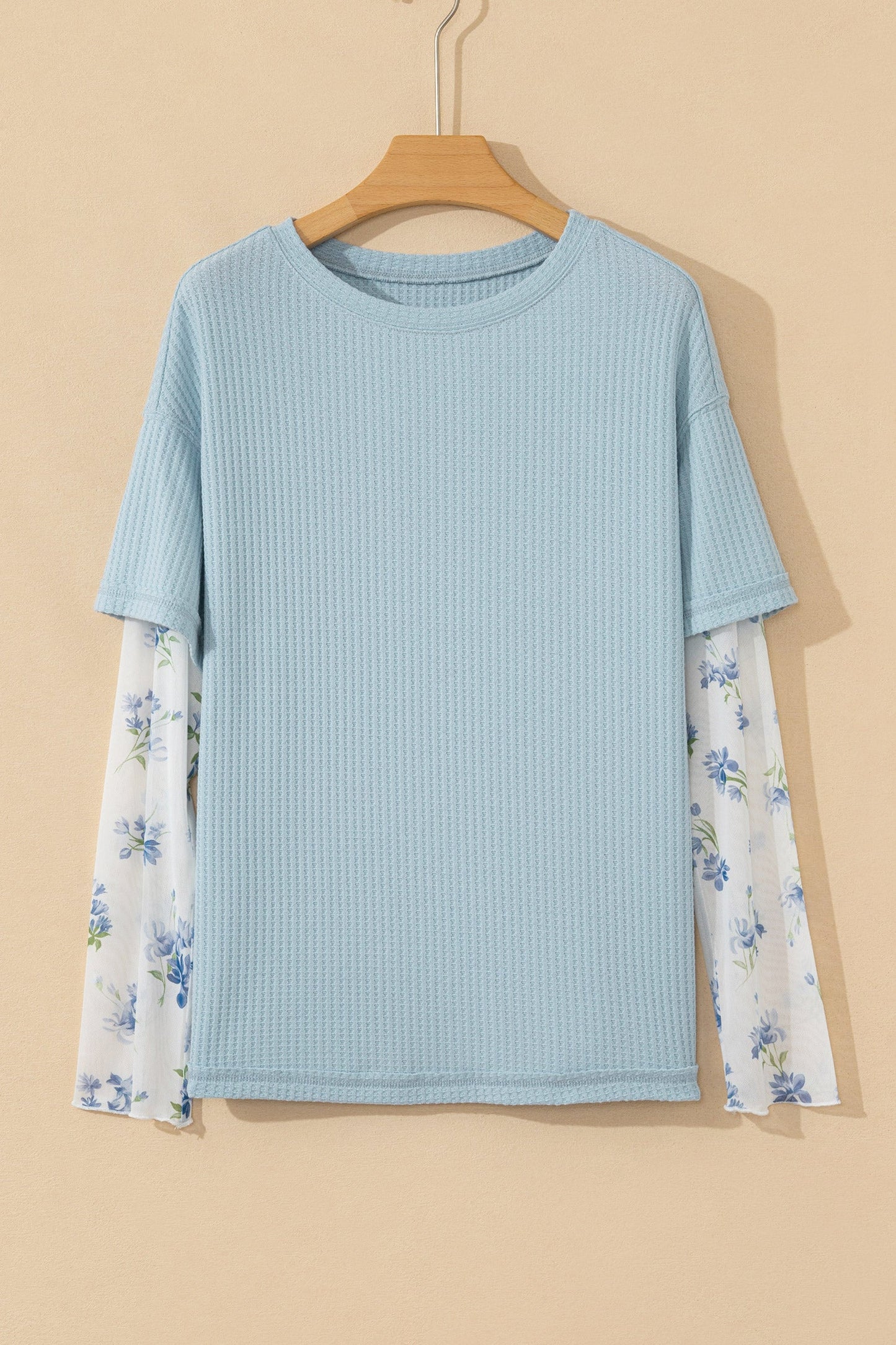 Floral Mesh Patchwork Waffle Fake Two-Piece Top