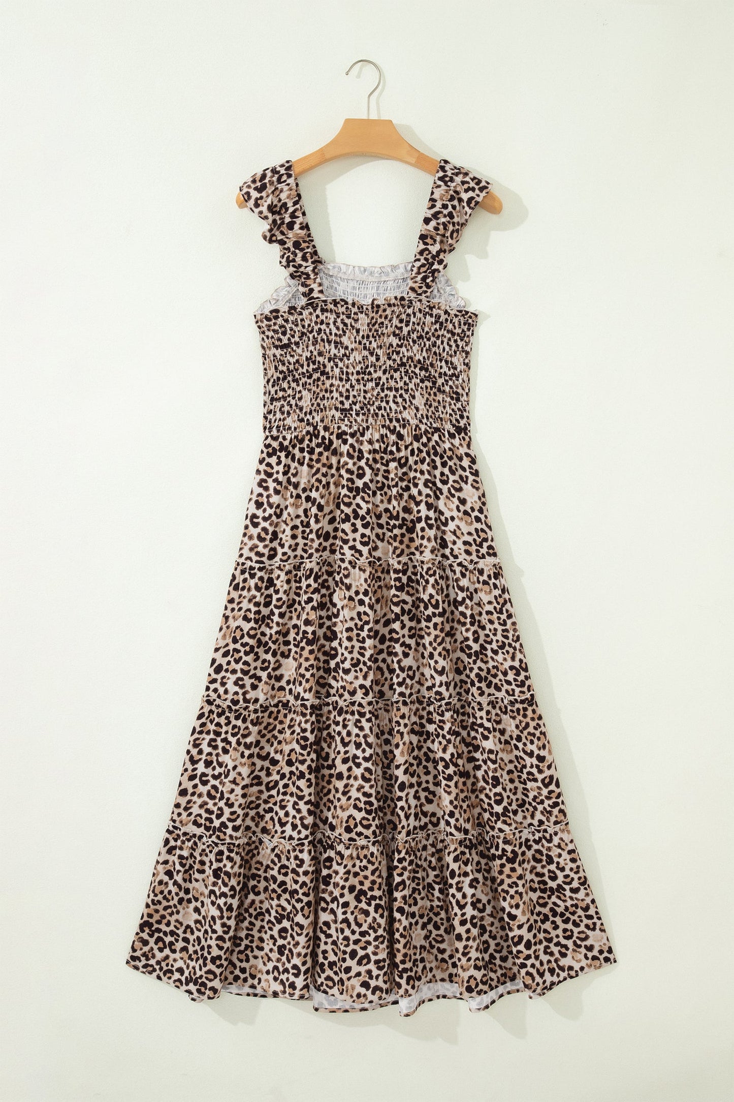 Leopard Ruffle Straps Smocked Tiered Maxi Dress