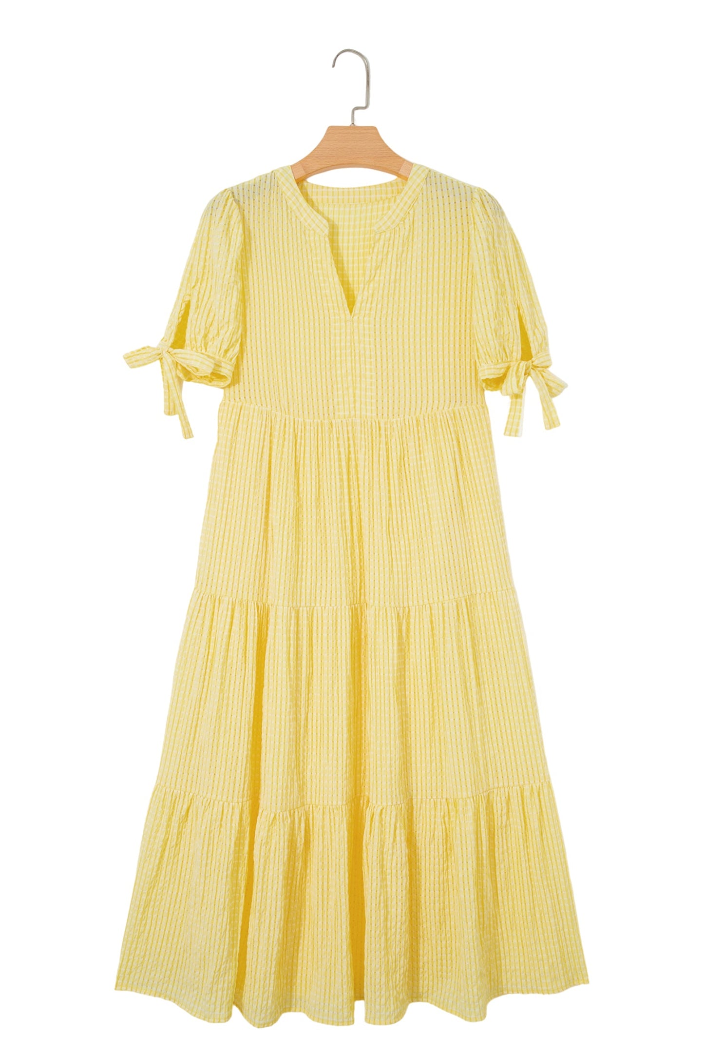 Gingham Textured Bow Tie Tiered Midi Dress