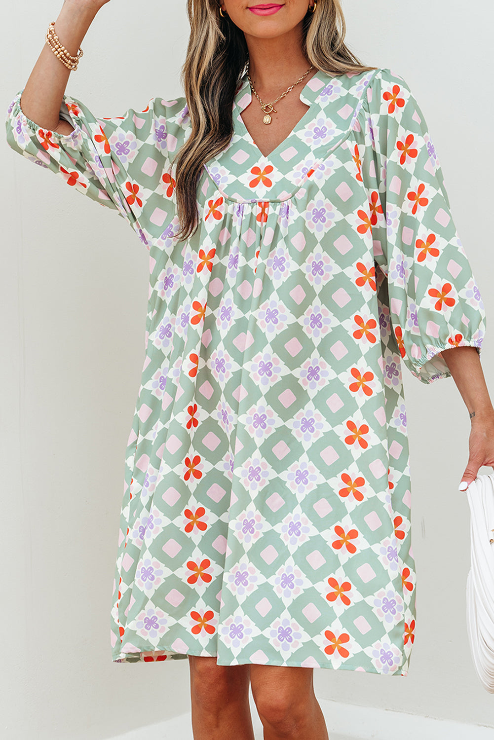 Geometric Floral 3/4 Sleeve Mini Dress