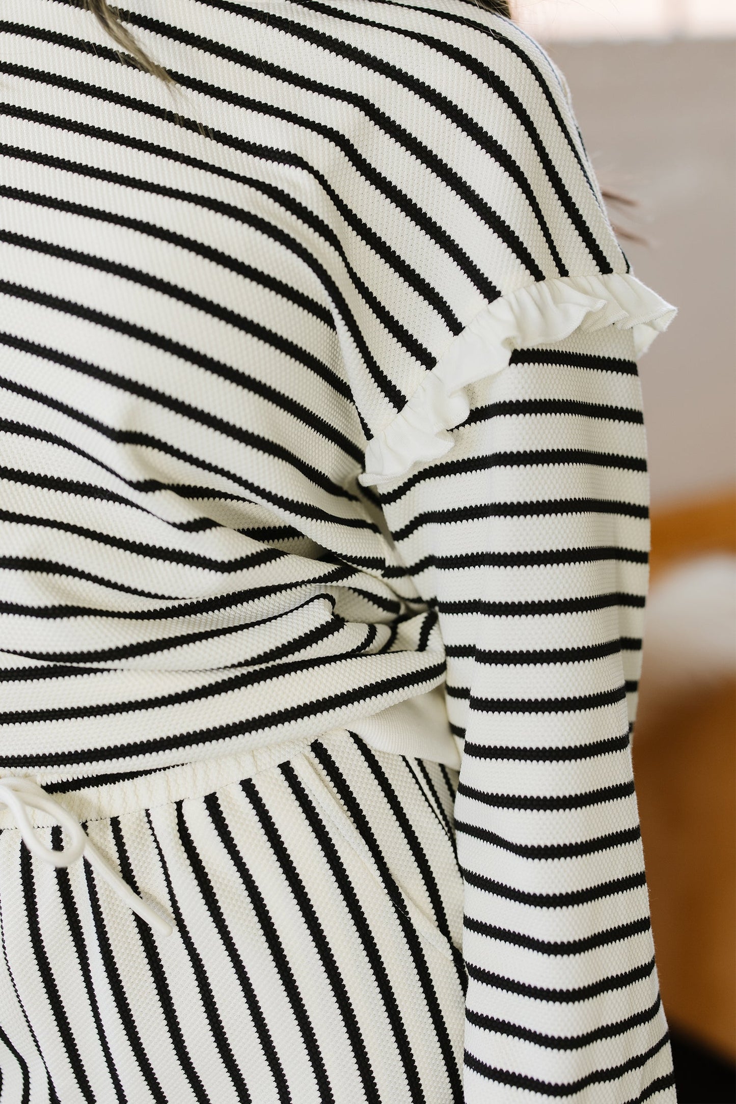 Ruffle Trim Drop Shoulder and Loose Pants Set