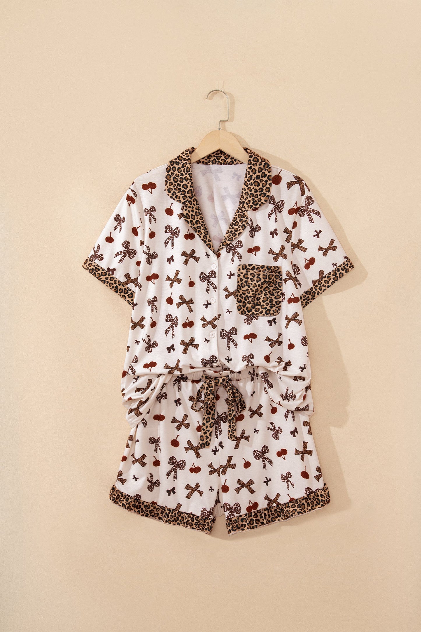 Leopard Cherry Bow Patchwork Shirt & Shorts Pajama Set