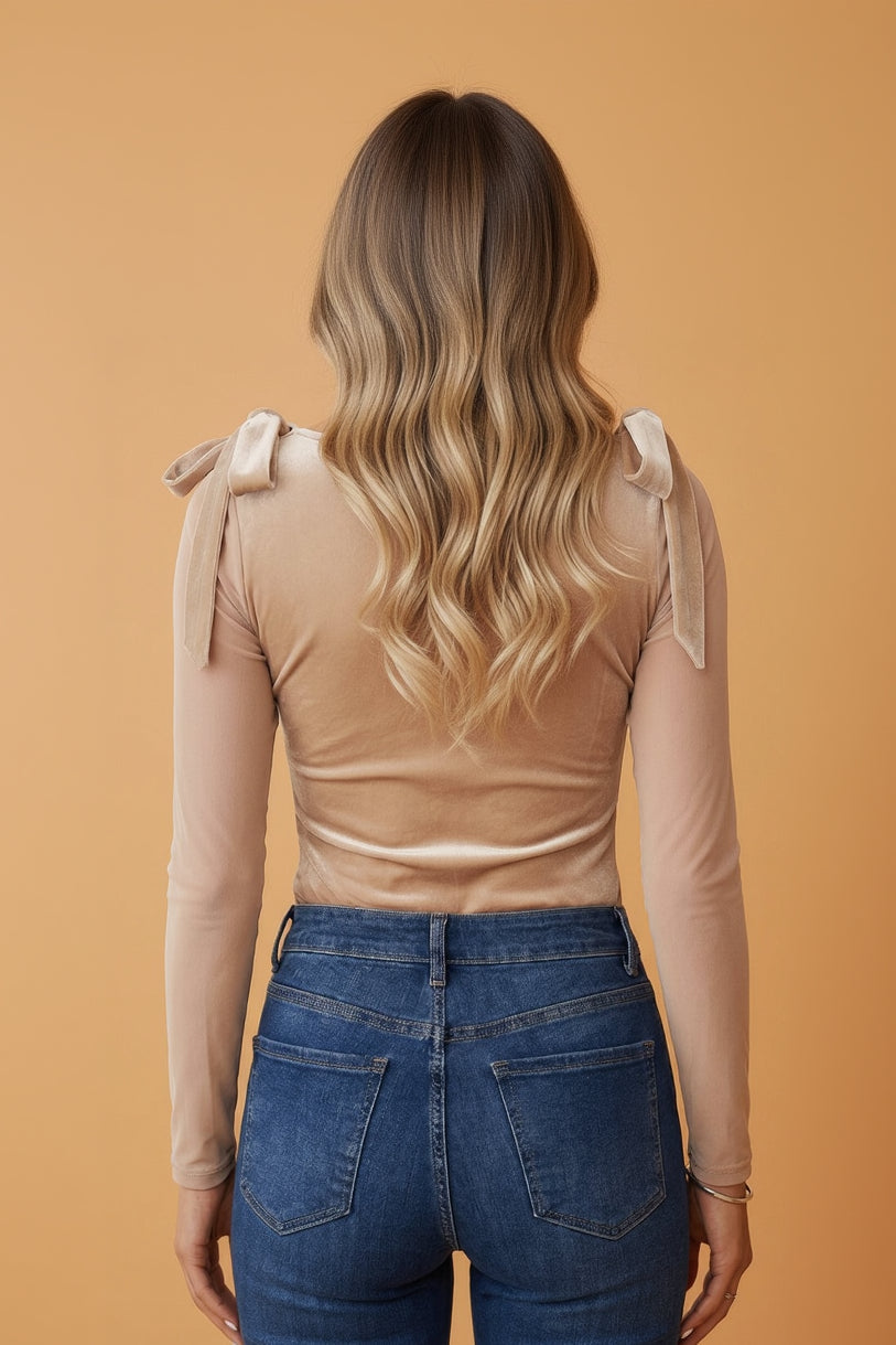 Solid Velvet Knot Square Neck Long Sleeve Bodysuit