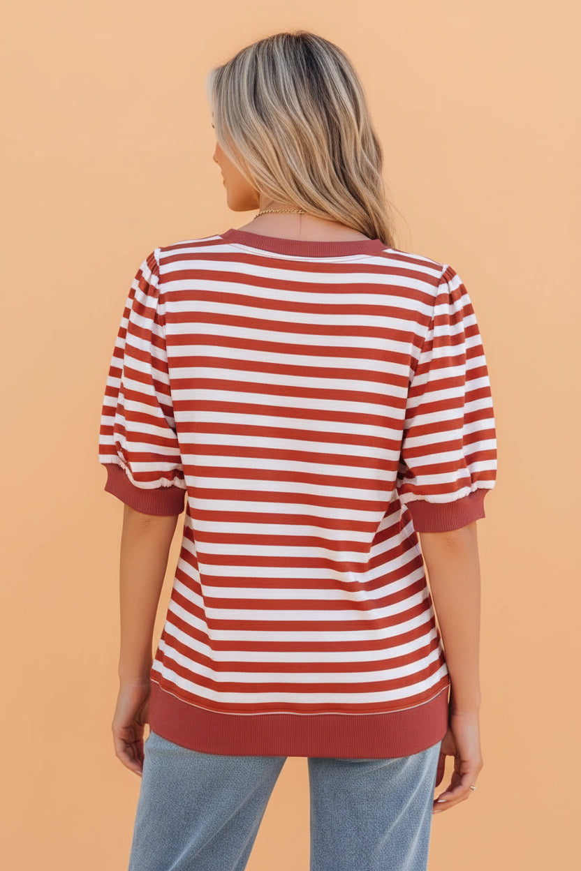 Stripe Short Bubble Sleeve T-Shirt