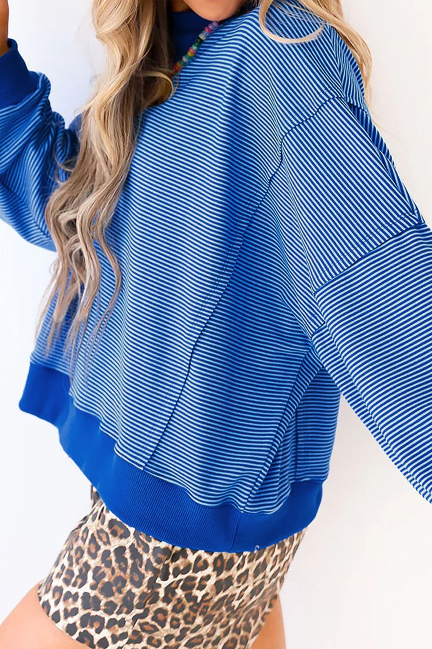 Stripe Ribbed Trim Long Sleeve Pullover Top