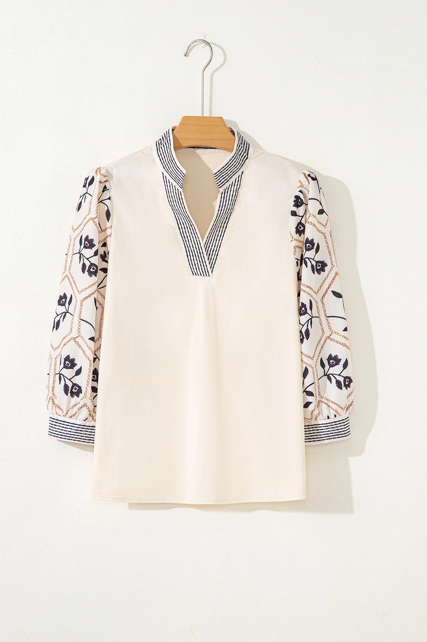 Floral Patchwork Contrast V-Neck Puff Sleeve Blouse