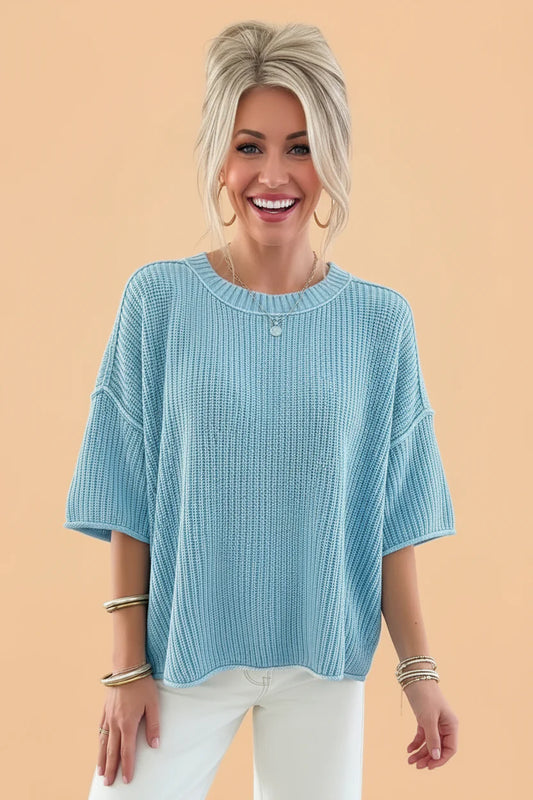 Solid Exposed Seam 3/4 Sleeve Loose Sweater