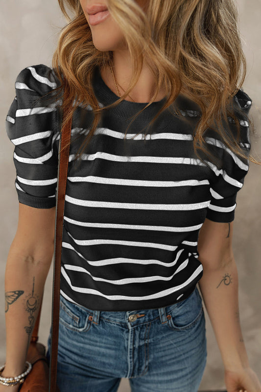 Stripe Ruched Bubble Sleeve Top