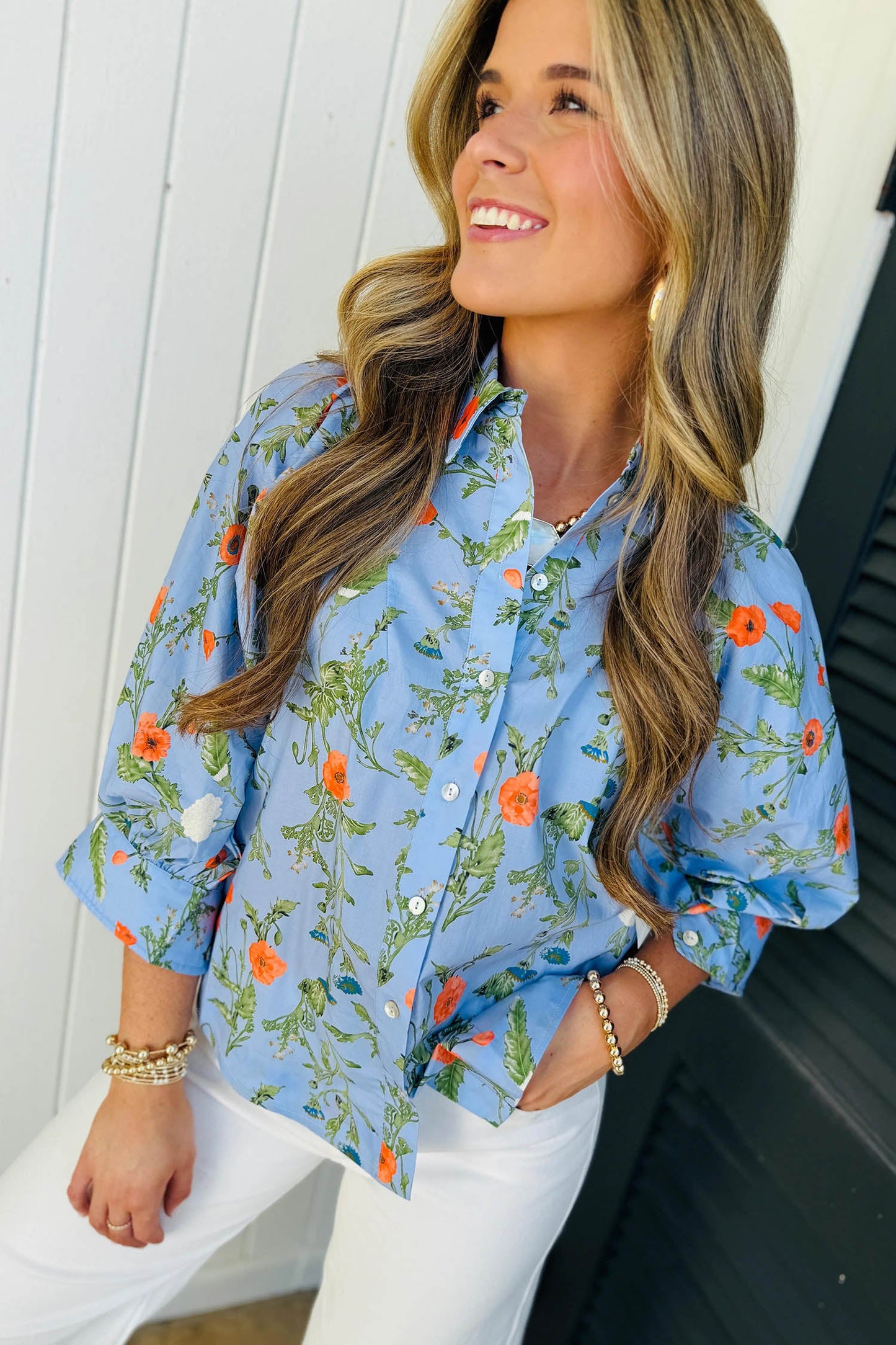 Floral 3/4 Sleeve Button Down Collared Blouse