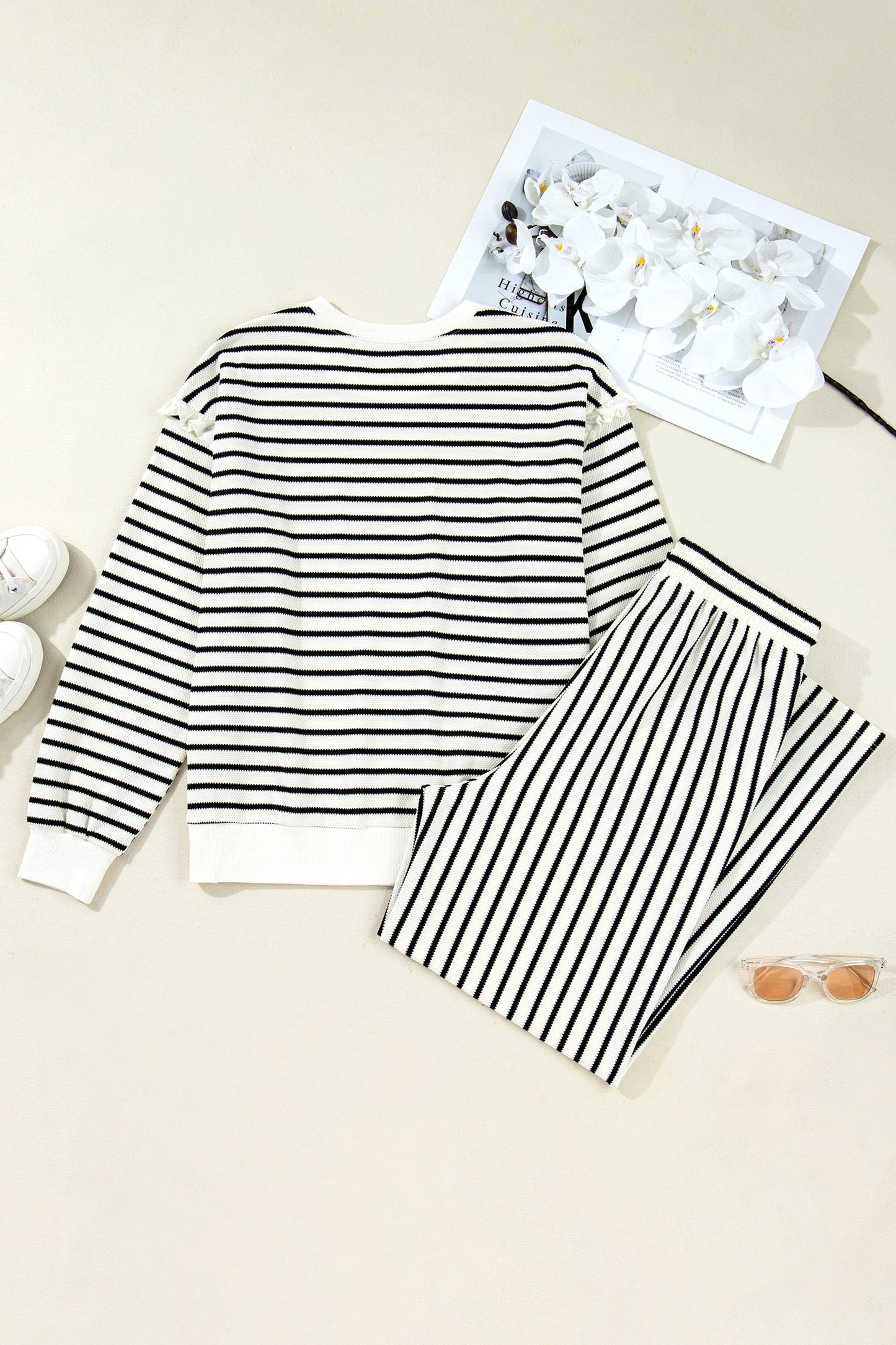 Ruffle Trim Drop Shoulder and Loose Pants Set