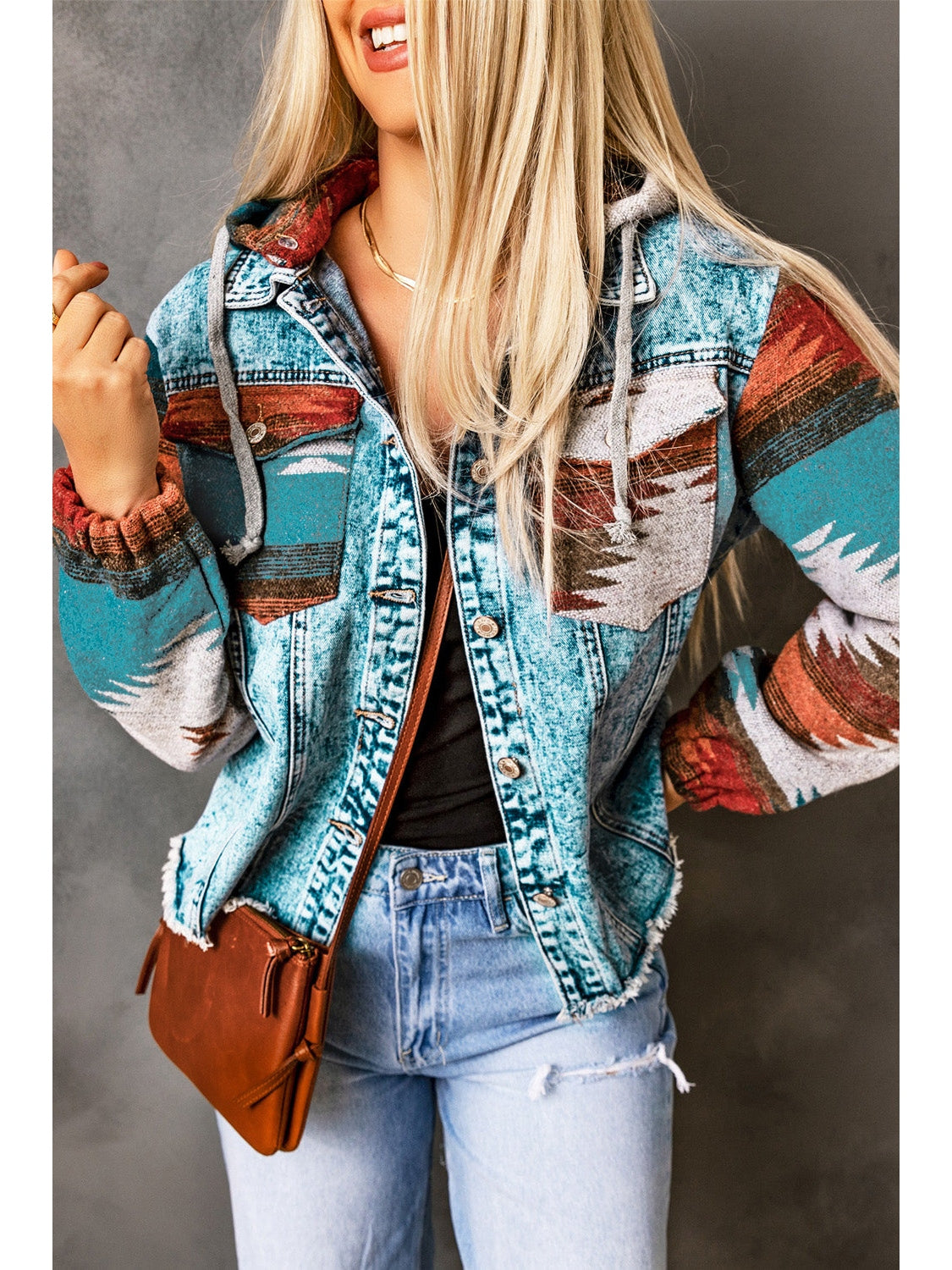 Women Drawstring Hooded Pocketed Denim Jacket