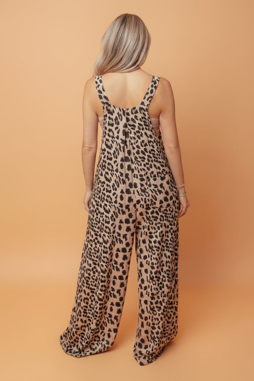 Leopard Square Neck Pleated Wide Leg Jumpsuit