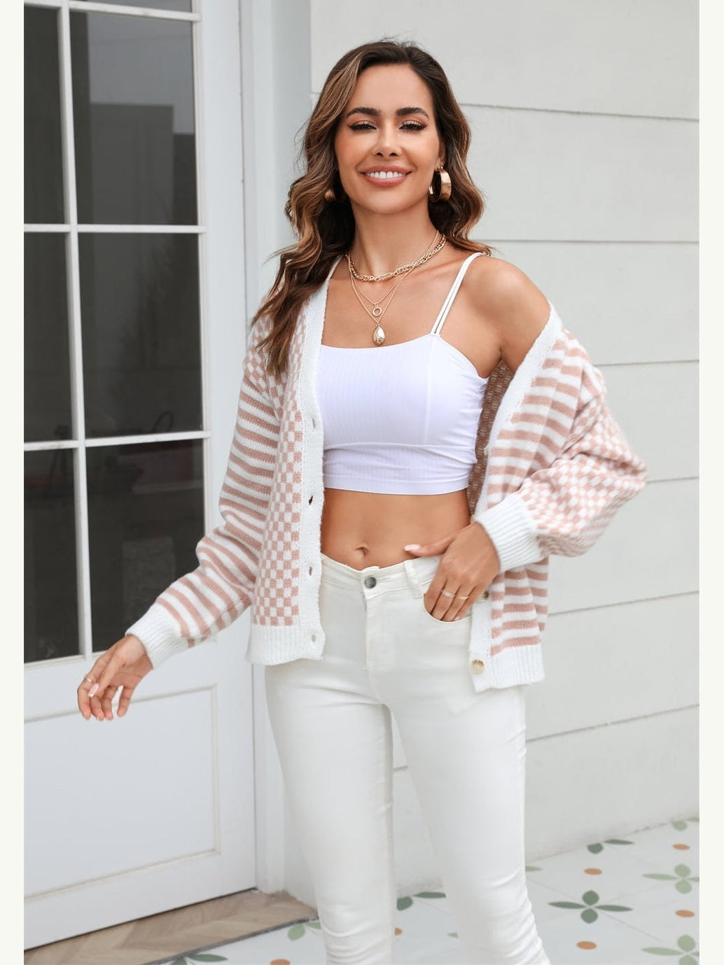 Women Button-Down Stripe & Plaid Contrast Pattern Cardigan Sweater