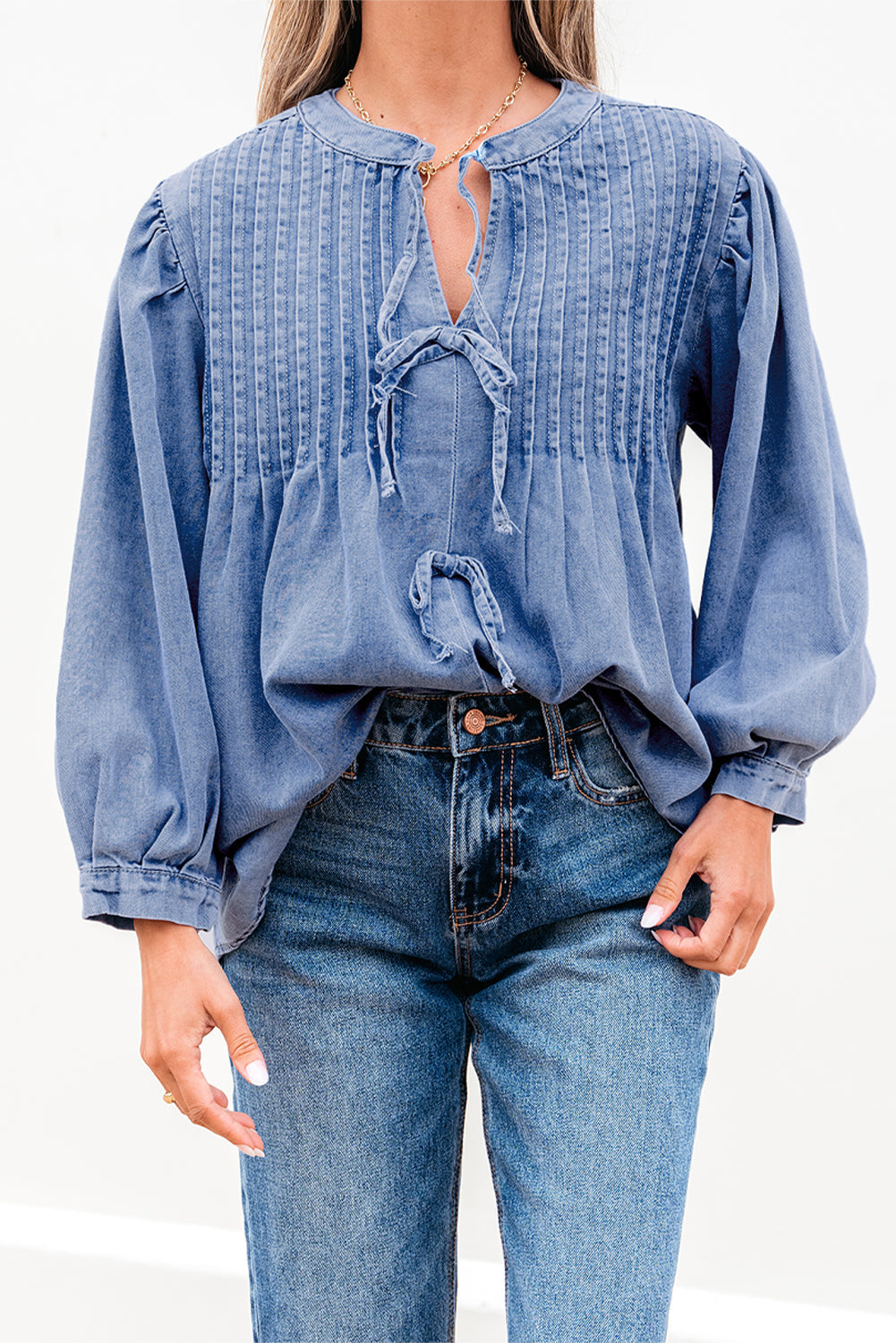 Denim Pleated Bow Tie Top