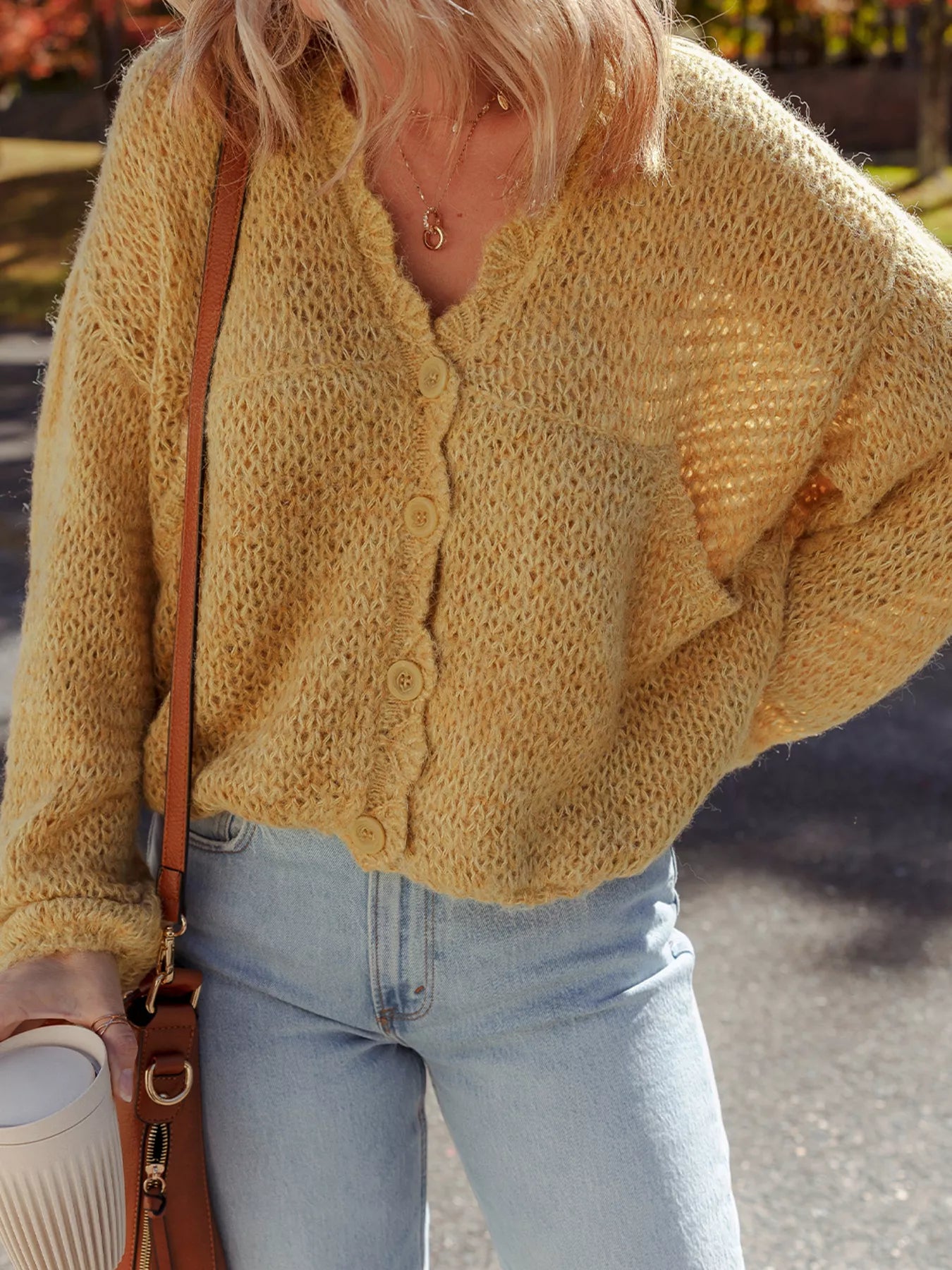 Women Women Lantern Sleeve Scallop V Neck Buttoned Front Cardigan Sweater