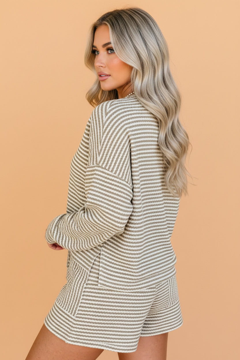 Stripe Long Sleeve Textured Knit Top & Drawstring Shorts Set
