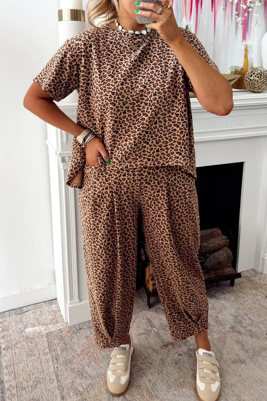 Leopard Loose Tee & Drawstring Waist Pants Set